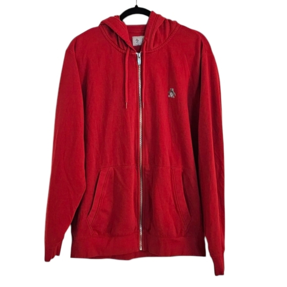 Original Penguin Zip-up Fleece Hoodie Sweatshirt Sticker Pete Rococco Red sz L - Picture 1 of 10